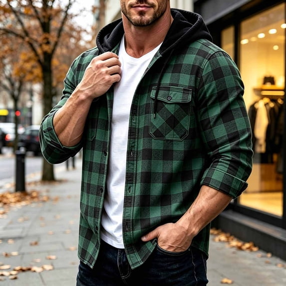 Men Casual Patchwork Shirts Plaid Hooded Button Pocket Long Sleeve Shirt Fall Winter
