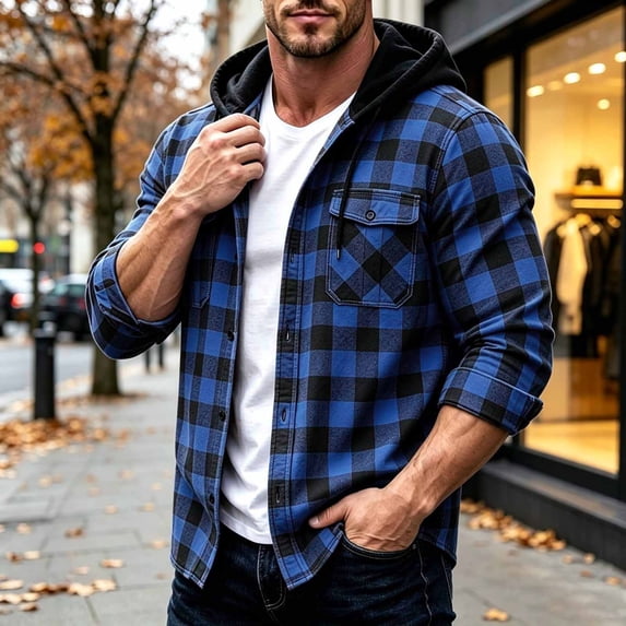 Men Casual Patchwork Shirts Plaid Hooded Button Pocket Long Sleeve Shirt Fall Winter