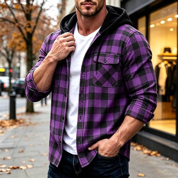 Men Casual Patchwork Shirts Plaid Hooded Button Pocket Long Sleeve Shirt Fall Winter