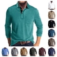 thumbnail image 1 of Men Casual Polo Shirts Classic Button-up Basic Long Sleeve Comfort Shirt Solid Color Cotton Tees Stylish Tops Turquoise XXL, 1 of 5