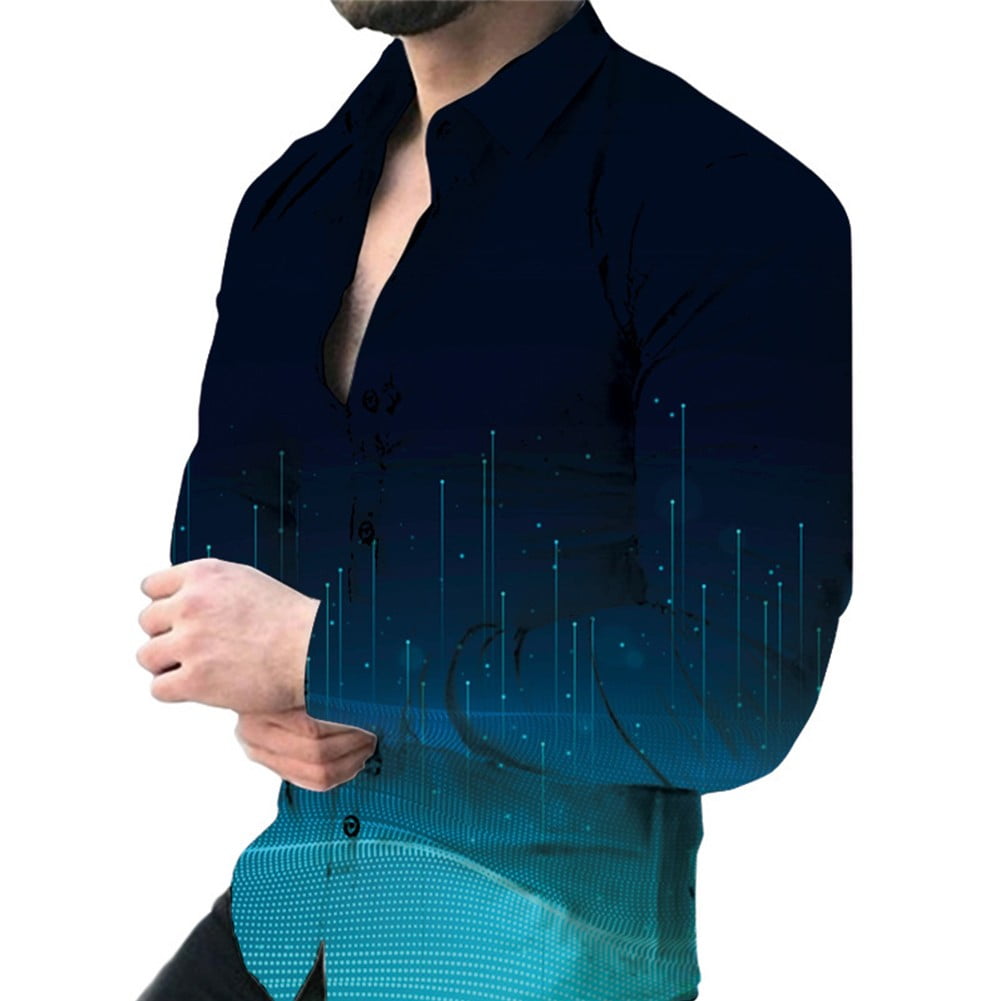 Men Casual Printed Long Sleeve Muscle Fitness Button Down Shirt Party T