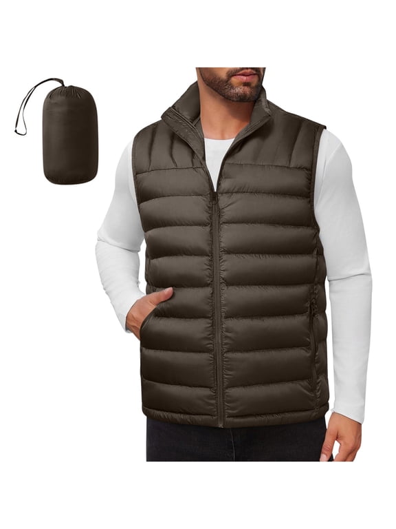 Men Casual Quilted Puffer Vest Loose Stand Collar Zip Up Sleeveless Jacket Lightweight Packable Winter Warm Coat With Pocket