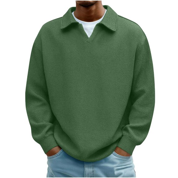 Men Casual Ribbed Knit Shirts Loose Stretch Lapel Long Sleeve Pullover Tshirts Trendy Comfy Breathable Solid Color Spring Tops