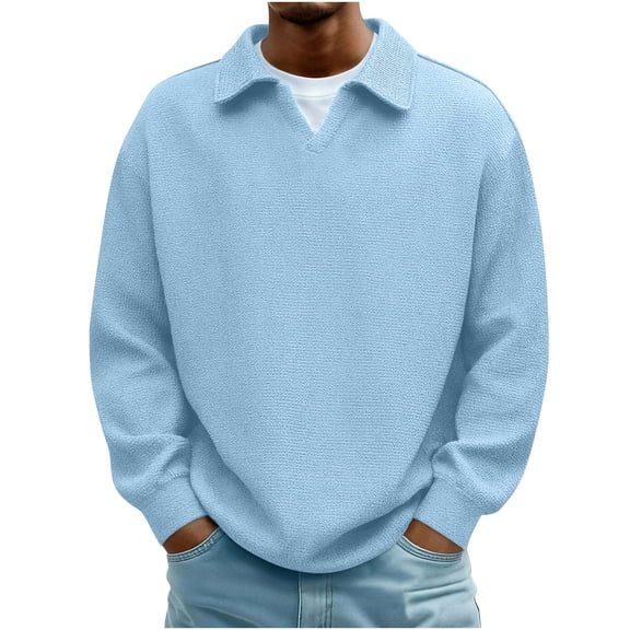 Men Casual Ribbed Knit Shirts Loose Stretch Lapel Long Sleeve Pullover Tshirts Trendy Comfy Breathable Solid Color Spring Tops