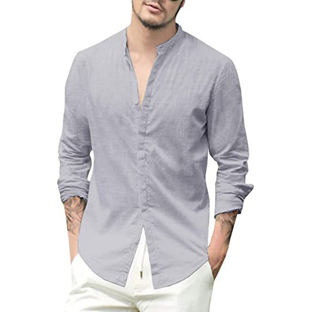 Men Casual Shirt Long Sleeve Button Down Stand Collar Loose Fit T