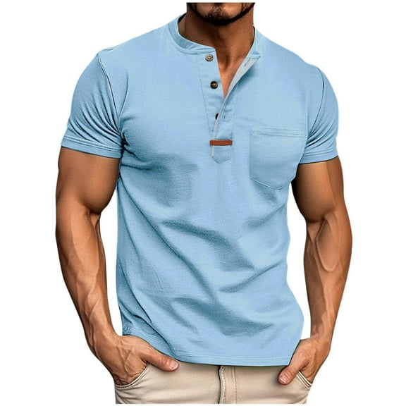 Men Casual Shirts Fashion Color Block Trendy Designing Buttons Retro T-Shirts Summer Round Neck Short Sleeve Blouses Pullover Top
