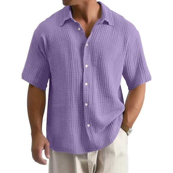 Men Casual Shirts Turn-down Collar Male Solid Color Vintage Clothing Short Sleeves Loose Tops Spring Summer New Men's Shirts Striped Jacquard Shirt Purple M