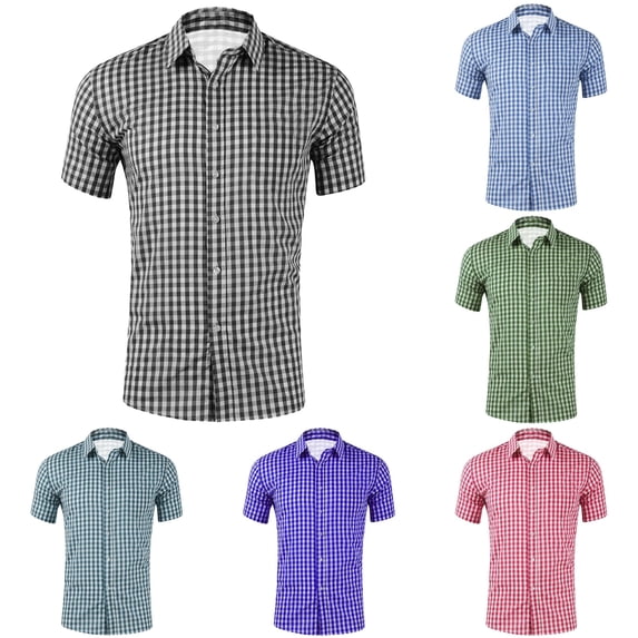 Men Casual Short Sleeve Checkered Shirt Slim Fit Button Down Plaid Fashion Staple For Fall Winter Everyday Wear Versatile Stylish Outfits Gray 4XL