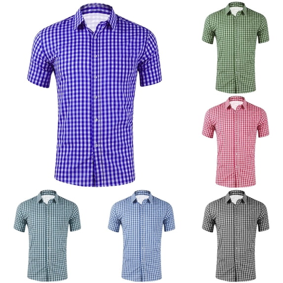 Men Casual Short Sleeve Checkered Shirt Slim Fit Button Down Plaid Fashion Staple For Fall Winter Everyday Wear Versatile Stylish Outfits Purple 5XL
