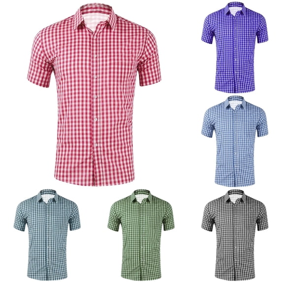 Men Casual Short Sleeve Checkered Shirt Slim Fit Button Down Plaid Fashion Staple For Fall Winter Everyday Wear Versatile Stylish Outfits Red 5XL