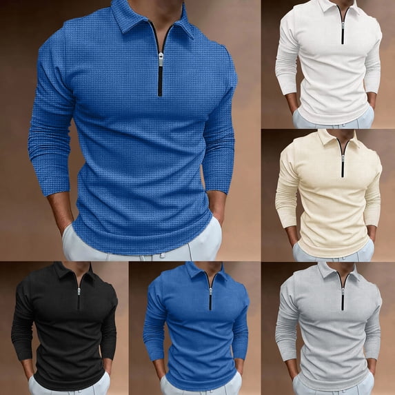 Men Casual Soild Zipper Top Shirt Turn Down Collar Blouse Long Sleeve Top Shirt Fashion Casual Shirt,White,M
