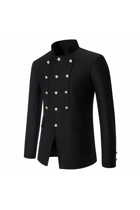 Men Casual Solid Button Blazer Stand Collar Collar Suit Long Sleeves Jacket Black qILAKOG Size L