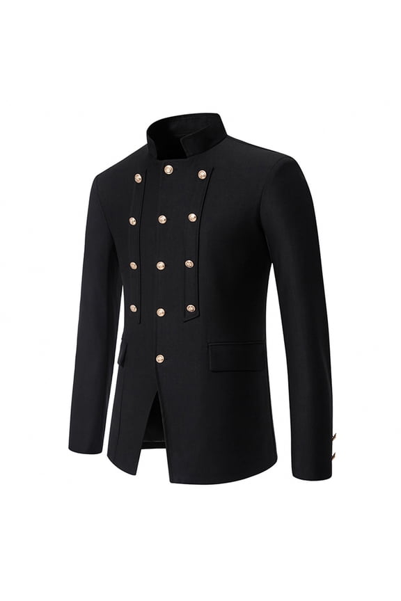 Men Casual Solid Button Blazer Stand Collar Collar Suit Long Sleeves Jacket Black qILAKOG Size M