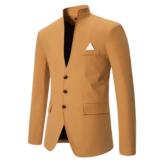 Men Casual Solid Button Blazer Stand Collar Collar Suit Long Sleeves Jacket Khaki qILAKOG Size M