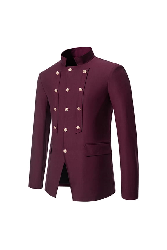Men Casual Solid Button Blazer Stand Collar Collar Suit Long Sleeves Jacket Wine qILAKOG Size XXL