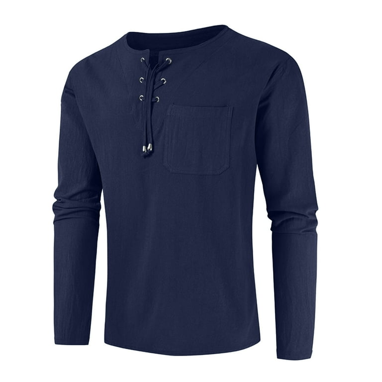 Men Casual Solid Color Cotton Linen Pullover Cross Drawstring V