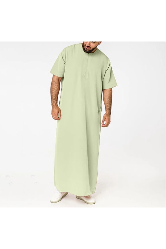 Men Casual Solid Round Neck Zipper Robe Short Sleeve Jubba Thobe Easy to Match for Work Vacation Date Party and Daily Wear