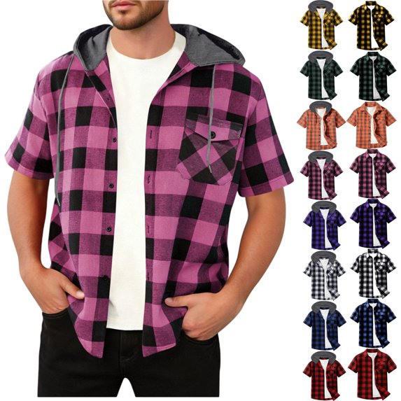 Men Patchwork Shirts Fashion Casual Plaid Hooded Button Shorts Sleeve Shirt Blouse