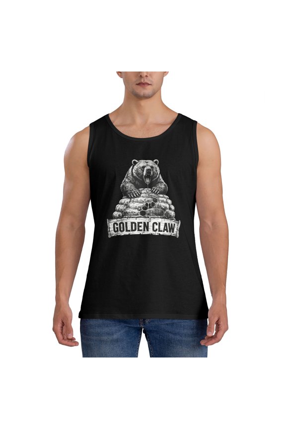 Men Casual Sports Cotton Tank Top, Golden Claw Roaring Grizzly Bear Honeycomb Vintage Wildlife Sleeveless Shirt