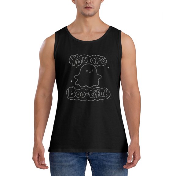 Men Casual Sports Cotton Tank Top, You Are Boo-tiful Cute Ghost Halloween Pun Cartoon Sleeveless Shirt