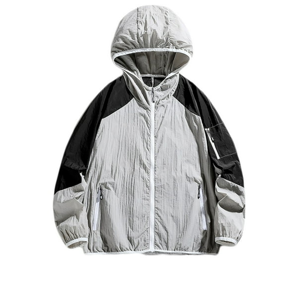 Men Casual Sports Hooded Long Sleeve Splicing Color Zipper Lightweight Quick Drying Sun-proof Jacket