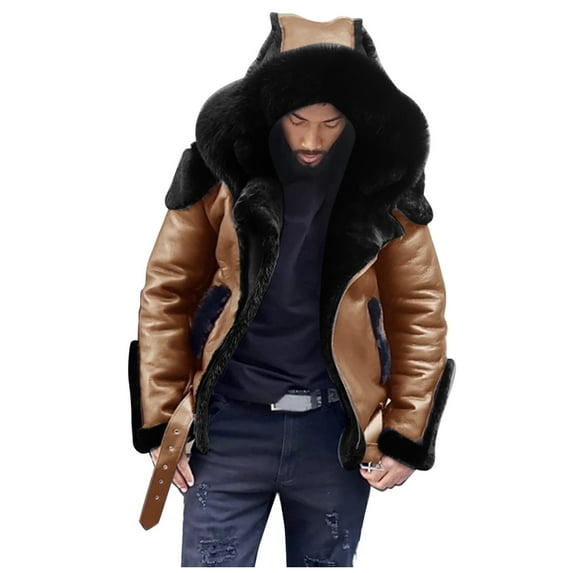 Men Casual Sportswear Coat Men'S Wool Blend Coat Retro Street Plus Velvet Thick Hooded Collar Zipper Straight Leather Jacket Windbreaker For Outdoor