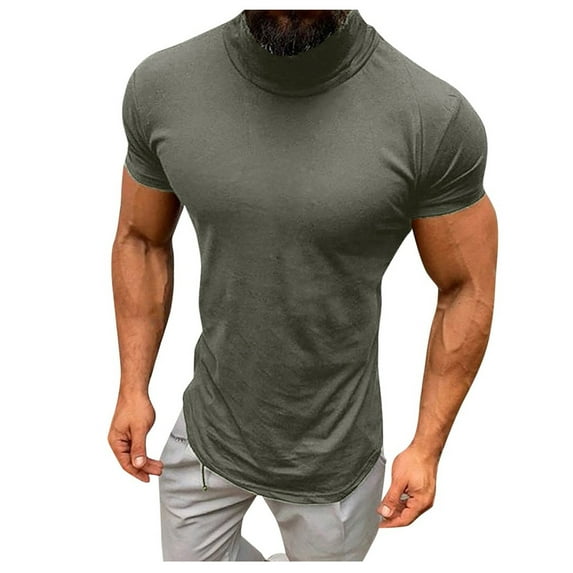 Men Casual Spring Summer Solid Color Short Sleeve Turtleneck Tops Shirts Army Green XL