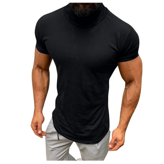 Men Casual Spring Summer Solid Color Short Sleeve Turtleneck Tops Shirts Black M