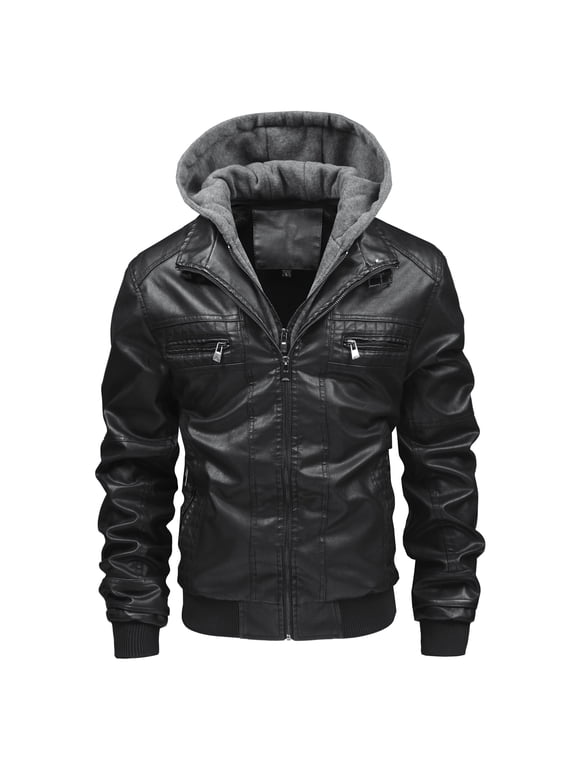 Men Casual Street Style Faux Leather Jacket Detachable Hood Outerwear