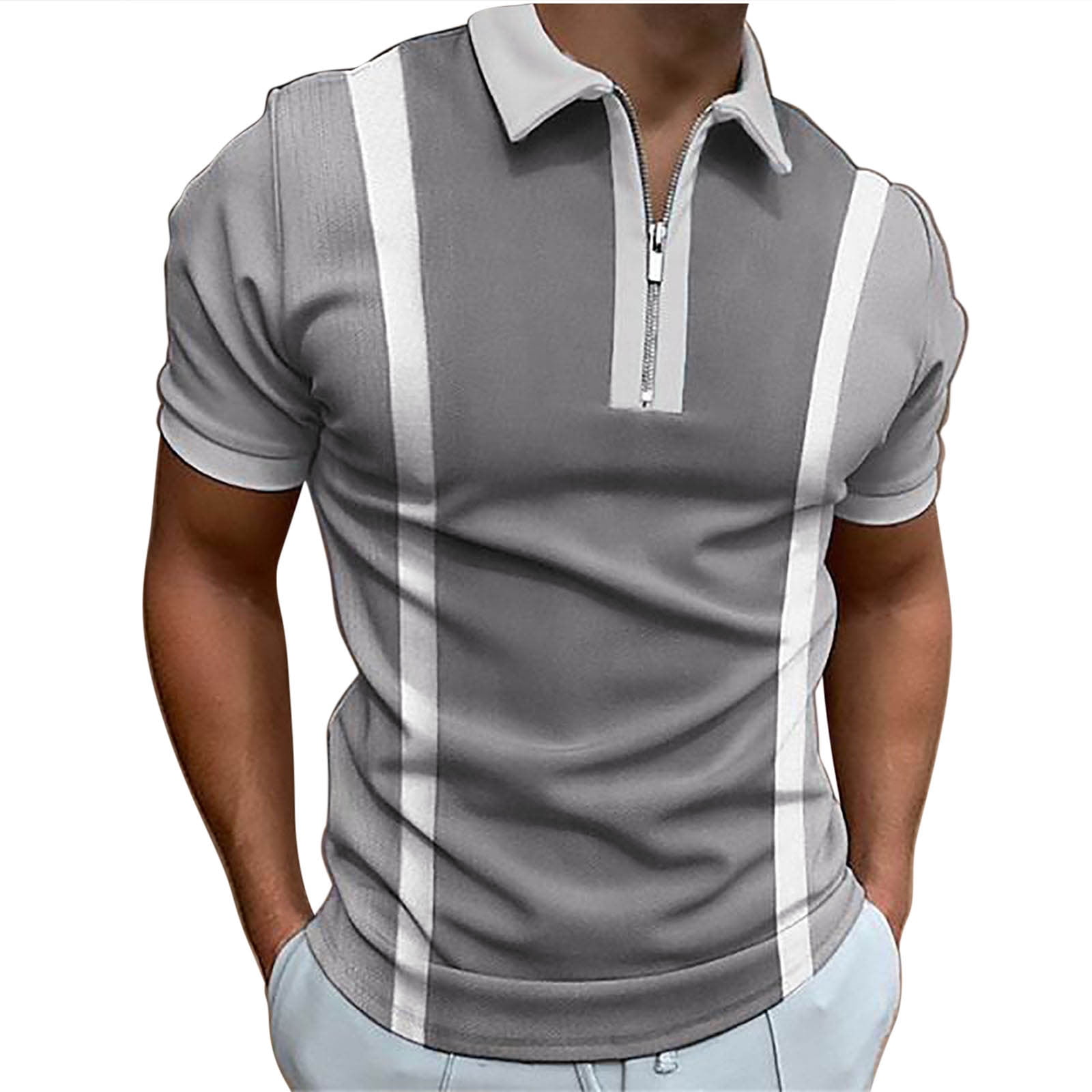 Men Casual Stripes Zip Turndown Pullover Zipper Short Sleeve Blouse  Button-Down Shirts,Gray,XL 
