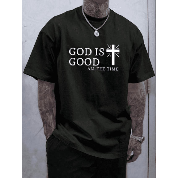 Men Casual Summer Cross & Slogan Graphic Printed Short Sleeve T-Shirt, For Friends
