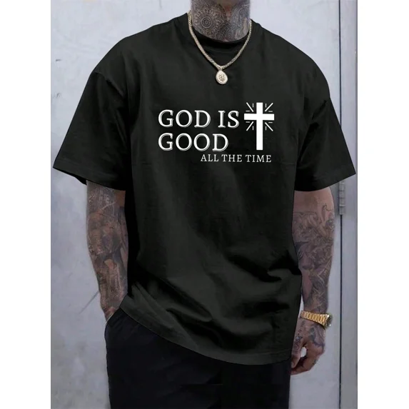 Men Casual Summer Cross & "god is good" Slogan Graphic Printed Short Sleeve T-Shirt, For Friends