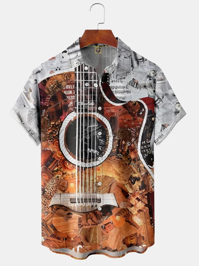 Men Casual Summer Guitar Polyester Daily Sleeve Regular Line Shirt Collar - Walmart.com