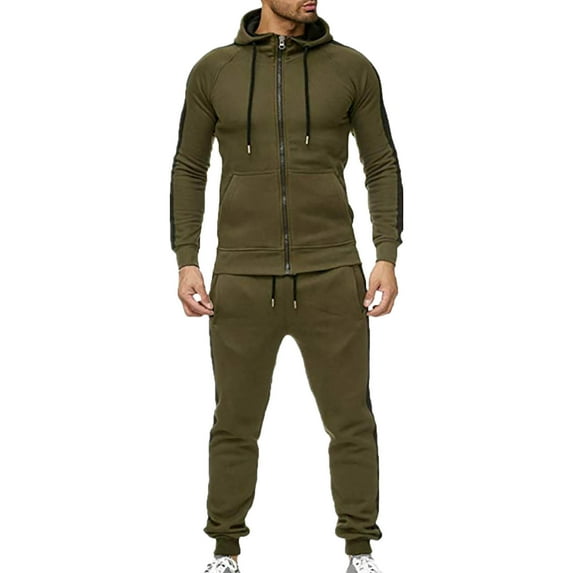 Men Casual Thicken Suit Hoodie Colorblock Cardigan Sports Outdoor Zipper Sweatshirt Suit Green,XXXL