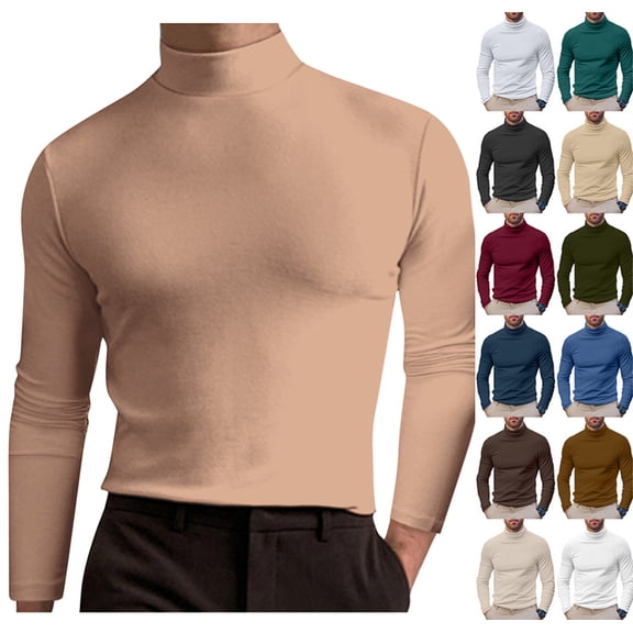 Men Casual Turtleneck Slim Fit Basic Tops Lightweight Thin Pullover Sweater Long Sleeve Underwear Male Blouse T-Shirt Khaki L