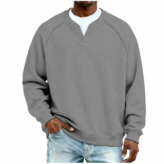Men Casual Waffle Shirts Loose Breathable Crewneck Long Sleeve Pullover Tshirts Trendy Comfy Soft Solid Color Spring Fall Tops