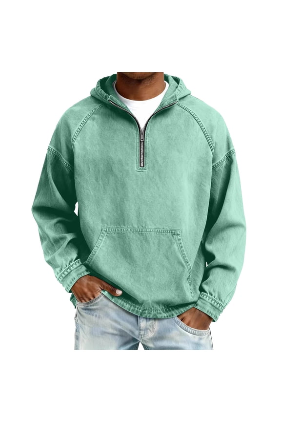 Men Casual Washed Distressed Denim Henley Shirt Hoodies Pullover Oversized Jean Jacket Sweatshirt Long Sleeves Half Zip Western Blouse Top Big and Tall Size 4XL Mint Green