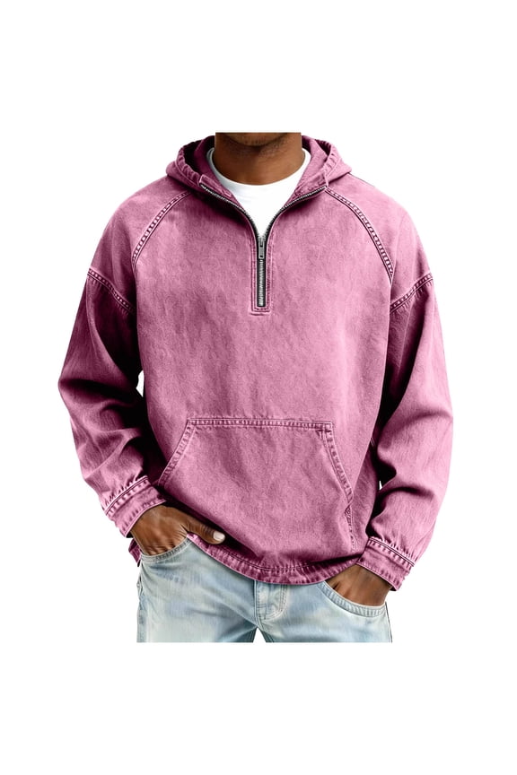 Men Casual Washed Distressed Denim Henley Shirt Hoodies Pullover Oversized Jean Jacket Sweatshirt Long Sleeves Half Zip Western Blouse Top Big and Tall Size 4XL Pink