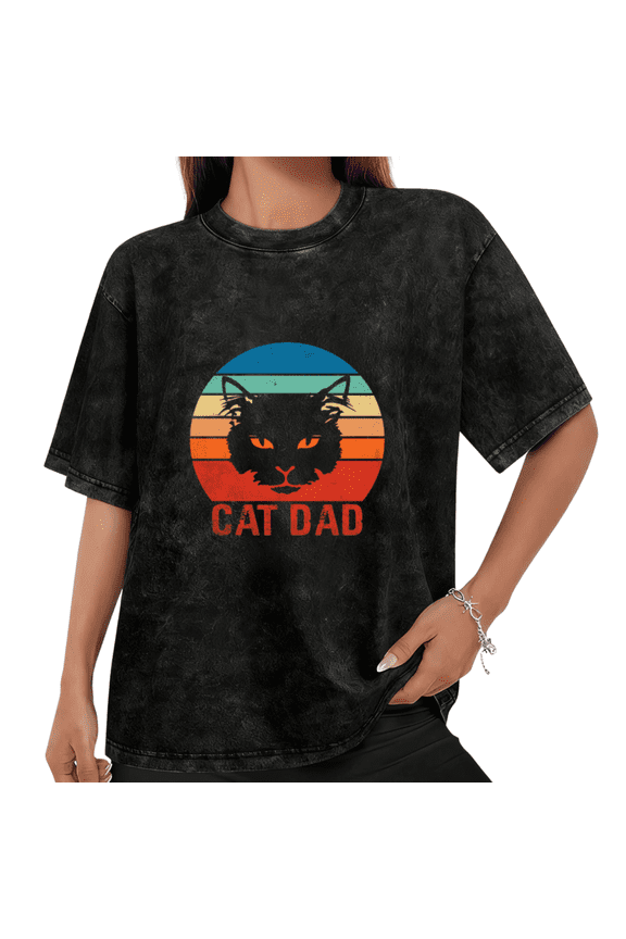 Women Cat Dad Retro Sunset Cat Head Graphic Tees T Shirt Tops Round Neck Washed Cotton T Shirt Black S-2XL Plus Size