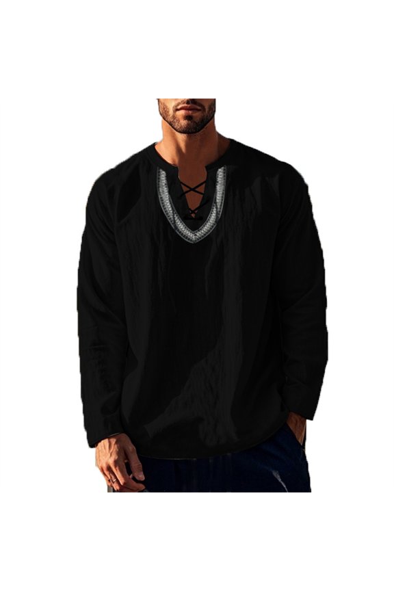 Men Causal Shirt Vintage Ethnic Boho Spring Lace-up V Neck Long Sleeves Shirt Breathable Cotton Linen Men Sweatshirt Retro Top Vintage Basic Tops Pullovers