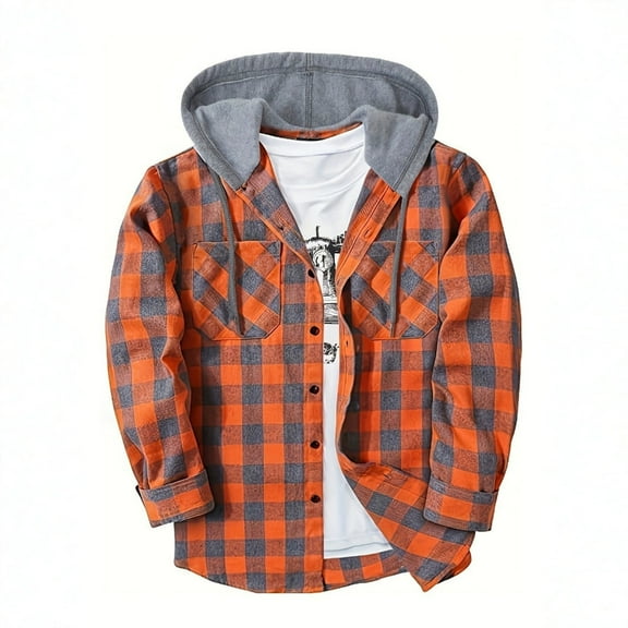 Men Checked Shirt Button Down Hoodie Jacket Casual Cardigan Outerwear