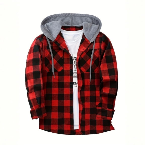 Men Checked Shirt Casual Drawstring Hoodie Long Sleeve Button Down Blouse Top Loose Cardigan Jackets with Pocket