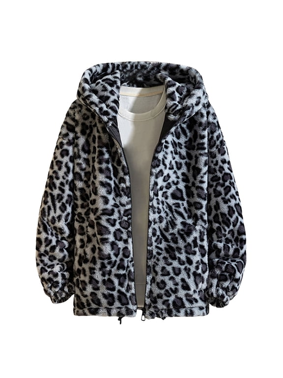 Men Cheetah Casual Jacket Plush Leopard Long Sleeve Sporty Outerwear Hooded Zip Up Daily Coat Top