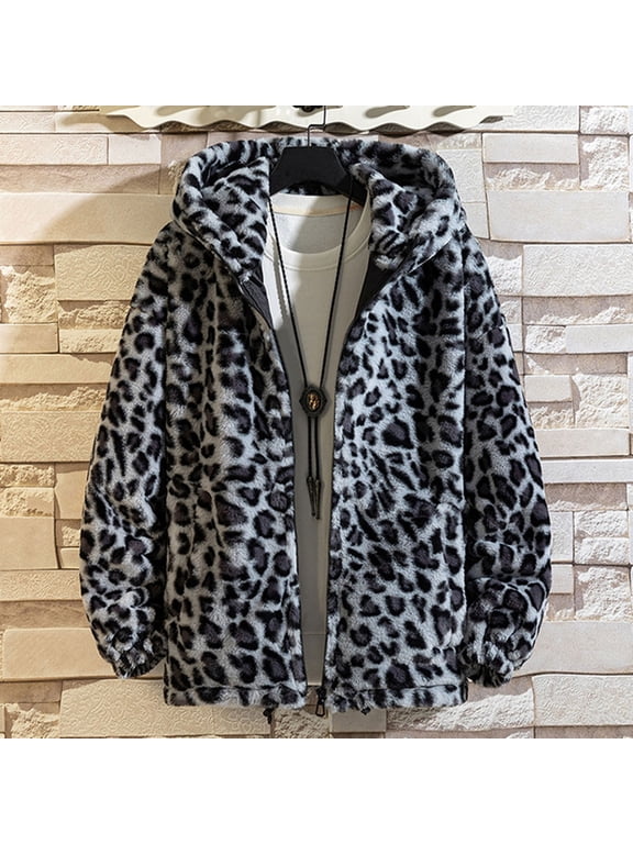 Men Cheetah Leopard Fleece Jacket Casual Long Sleeve Zip Up Hooded Plush Warm Outerwear Coat Winter Apparel Clothing Blue XXL