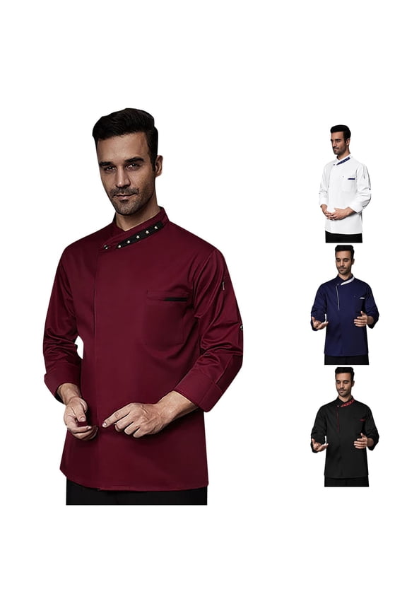 Men Chef Jacket Long Sleeve Contrast Red Hotel Cooking Apparel For Culinary Staff Kitchen Work Red M