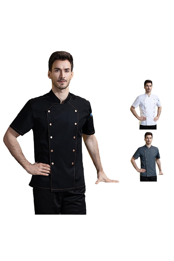 Men Chef Jacket Unisex Hotel Wear Long Sleeves Contrast Red Buttons Cooking Coat For Kitchen Service Black M