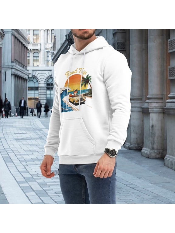 Men Chill Road Trip Retro Fox Vintage Classic Car Tropical Sunset Ocean Wave Graphic Pullover Hoodie, Summer Travel Adventure Wildlife Casual 230g Black Fleece Hoodie