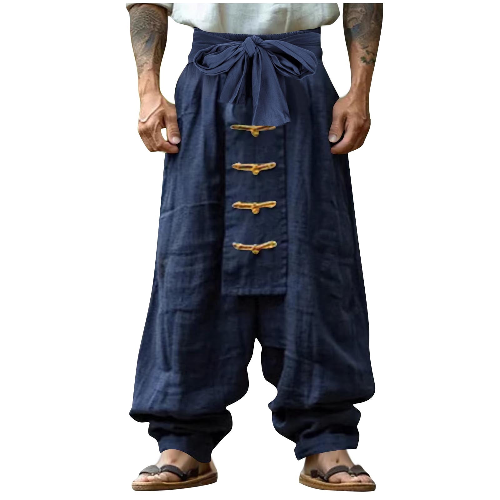 Men Chinese Style Kung Fu Pants Tai Chi Loose Trousers Casual Retro Wide Leg Pants Hippie Drop Crotch Harem Beach Trousers