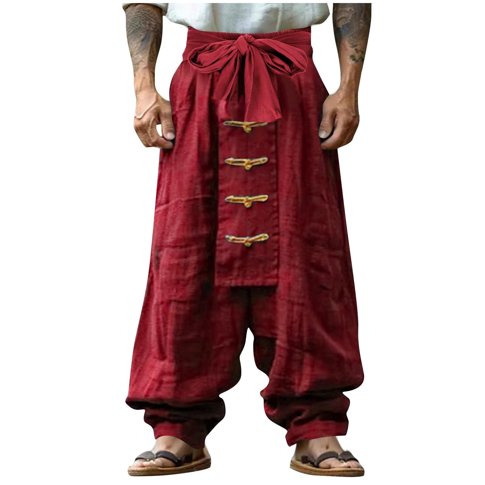Men Chinese Style Kung Fu Pants Tai Chi Loose Trousers Casual Retro Wide Leg Pants Hippie Drop Crotch Harem Beach Trousers