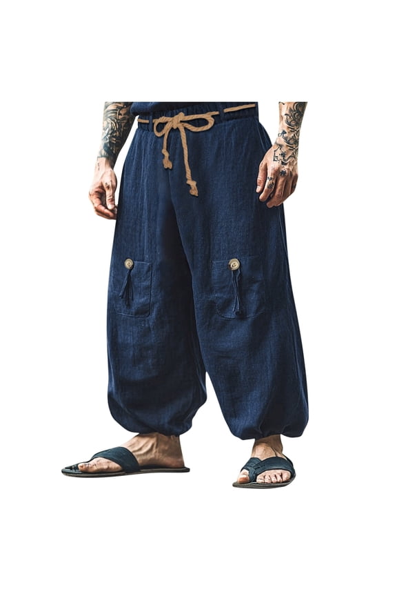 Men Chinese Style Kung Fu Pants Tai Chi Loose Trousers Casual Retro Wide Leg Pants Hippie Drop Crotch Harem Beach Trousers